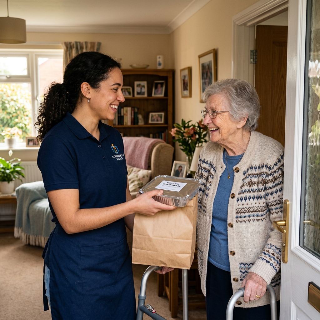 Volunteer delivering a nutritious meal to an older adult at home